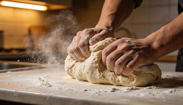 Kneading dough on floured countertop with hands and flour cloud, artisan breadmaking