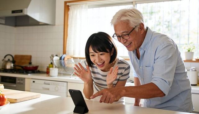 Senior father and adult daughter video calling on smartphone in bright home kitchen