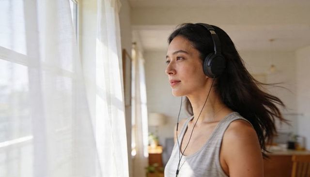 Woman wearing wired headphones looking out window in sunlit minimalist home reflecting