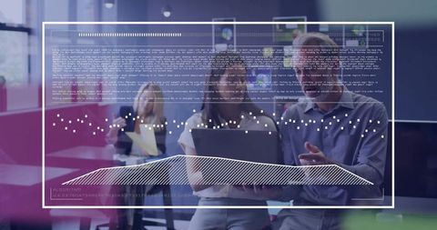 Collaborative Analytics Review with Laptop and Data Overlay in Modern Office Workspace