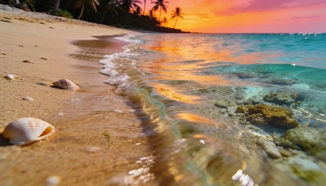 Rolling translucent wave revealing coral on golden sand at tropical sunset