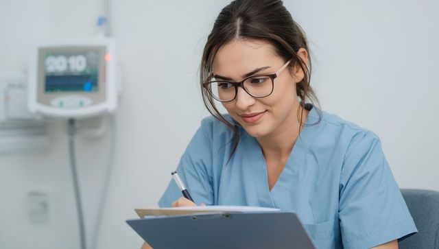 Female nurse in light blue scrubs writing on clipboard in medical clinic