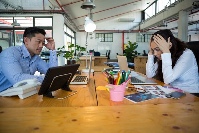 Two graphic designers are sitting at a wooden desk in a modern office, both looking stressed while working on their laptops. The office environment includes plants, colorful stationery, and industrial-style lighting. This image can be used to depict workplace stress, challenges in the creative industry, or teamwork under pressure.