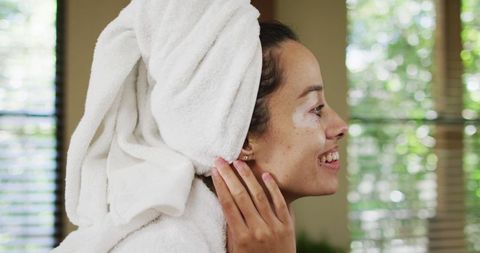 Smiling Woman with Vitiligo Enjoys Self-Care Routine