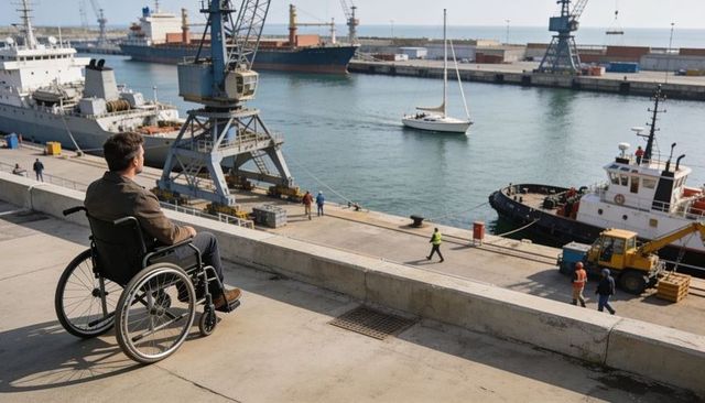 Wheelchair user watching bustling port quay with cranes, ships and dock workers