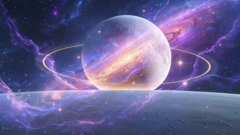 Spectacular Ringed Planet with Magical Purple Nebula Backdrop