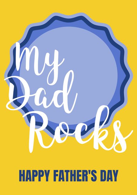 Bright and cheerful Father's Day badge featuring 'My Dad Rocks' text on a yellow background with a blue frame. Perfect for celebrating Father's Day, creating personalized greeting cards, event invitations, or social media posts dedicated to dads. Versatile design also adaptable for birthdays or other family events.