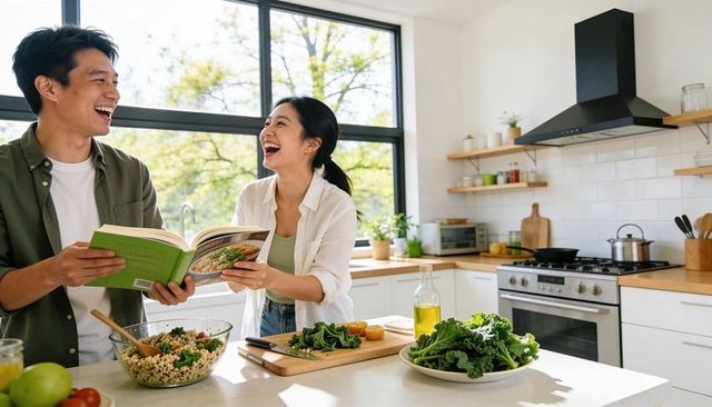 Couple cooking and laughing in sunlit modern kitchen reading cookbook