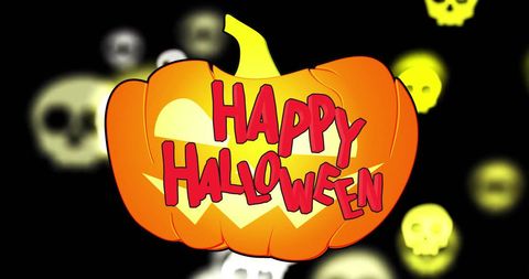 Glowing Happy Halloween Pumpkin with Eerie Floating Skulls
