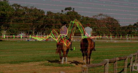Horseback Riding in Green Pastures with Data Overlay