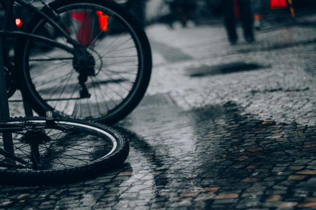 Urban Street Scene with Wet Cobblestone and Bicycle Wheels - Download Free Stock Photos Pikwizard.com