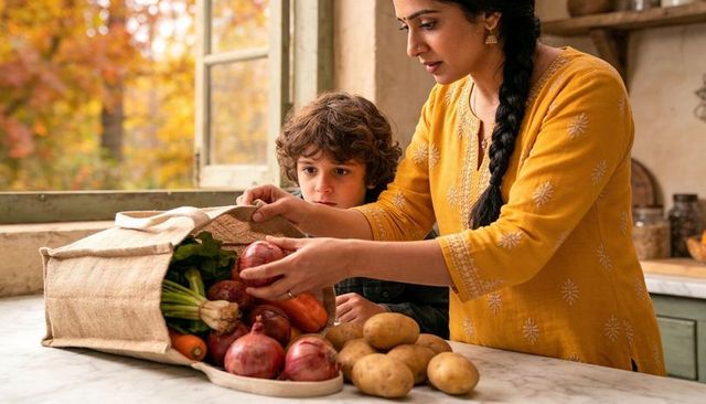 Mother and child unpacking fresh autumn produce from jute bag in sunlit rustic kitchen
