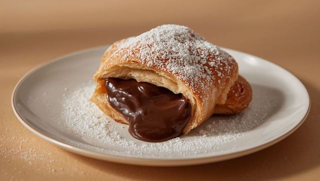 Golden flaky croissant filled with glossy chocolate ganache, powdered sugar dusting