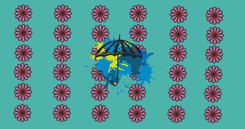 colorful umbrella with splashes set against a background pattern of vibrant flowers. ideal for lifestyle and home decor projects, stationery design, and creative artwork.