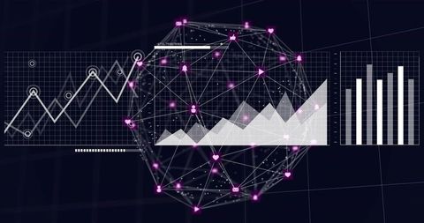 Pulsing Wireframe Sphere Connecting Network Nodes with Analytics Charts and Dashboard UI