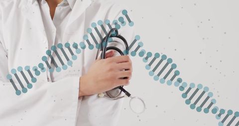 Doctor holding stethoscope with dna overlay symbolizing genetic research