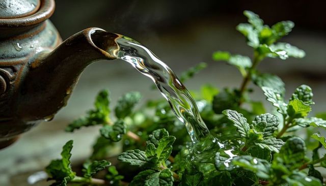 Ceramic teapot pouring clear water over fresh mint leaves on sill with glinting droplets