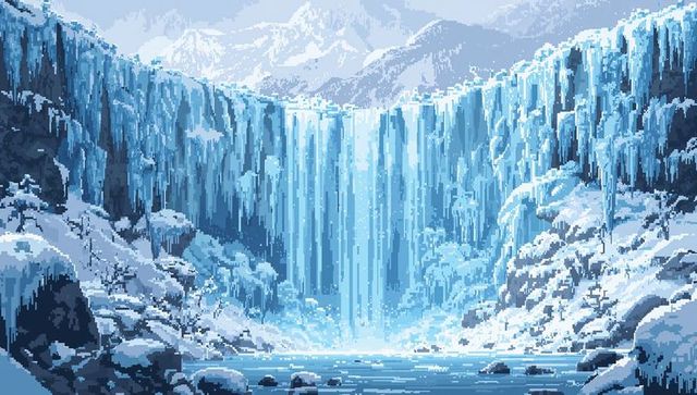 Pixel-art frozen waterfall cascading down icy cliffs into crystalline pool in snowy alpine valley