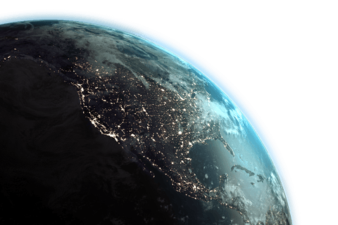 Transparent earth from space with glowing night lights