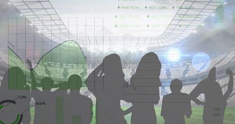 Silhouette of fans with digital graphs at sports stadium