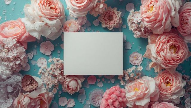 Blank card amidst pastel roses and flowers