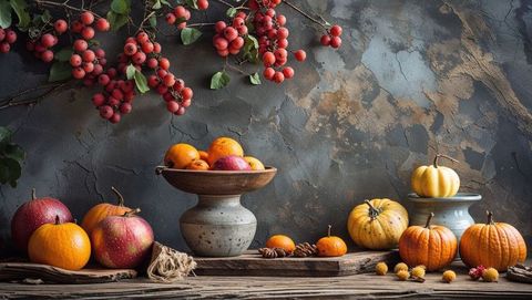 Rustic autumn still life with harvest fruits and pumpkins