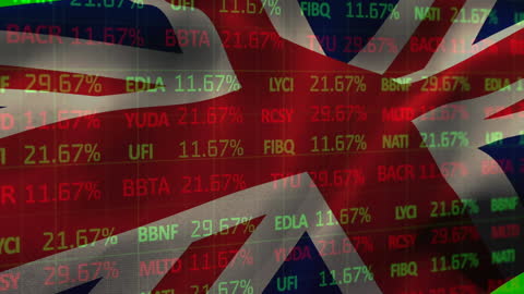 UK Flag Overlay on Financial Stock Market Ticker Display