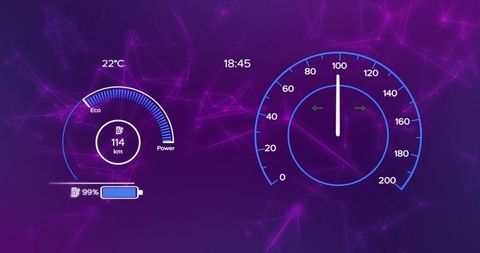 Futuristic vehicle dashboard showing holographic speedometer and battery telemetry