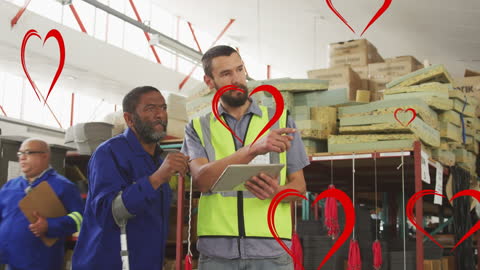 Diverse Warehouse Workers Collaborating with Animated Hearts