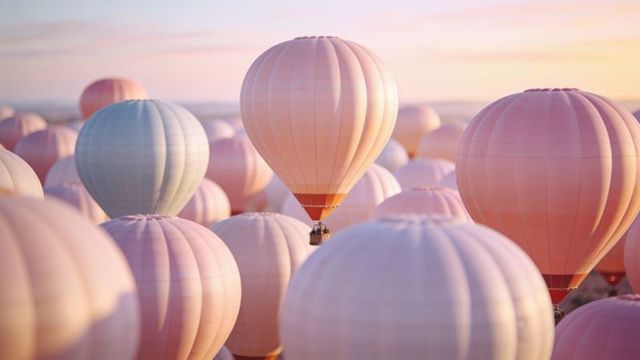 Pastel peach hot air balloon floating above soft pink fleet at sunrise for dreamy travel