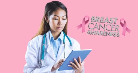 Asian female doctor promoting breast cancer awareness