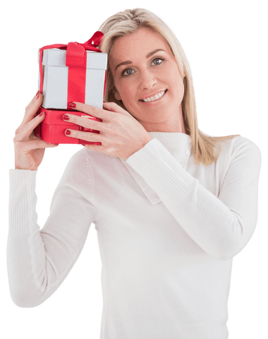 Transparent Caucasian Woman Holding Gift with Red Ribbon Smiling