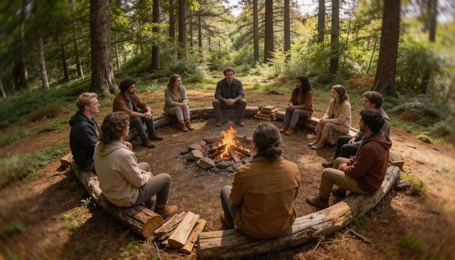 Friends gathering around campfire in forest clearing, sharing stories and warm mugs