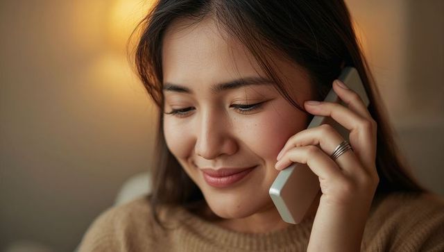 Smiling asian woman listening on smartphone in cozy brown sweater, warm closeup portrait