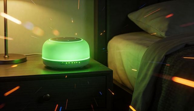 Emerald glow bedside smart diffuser speaker casting ambient light on wood nightstand