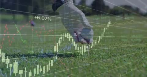 Hand Placing Tee on Turf with Market Trends Overlay