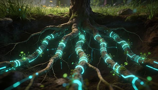 Bioluminescent tree roots revealing neon cyan network under meadow soil, mycelium