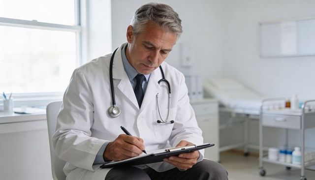 Senior doctor writing patient notes on clipboard in bright clinic consultation room