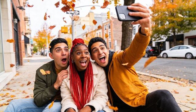Three friends taking fall selfie on urban sidewalk with falling leaves and big smiles