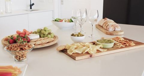 Gourmet snack spread on modern kitchen countertop