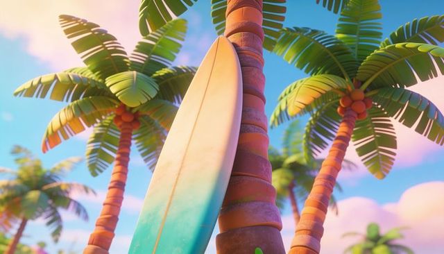 Leaning turquoise-to-cream surfboard against palm trunk with pastel sky and coconuts