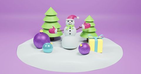 Christmas Snowman with Decorations on Purple Background