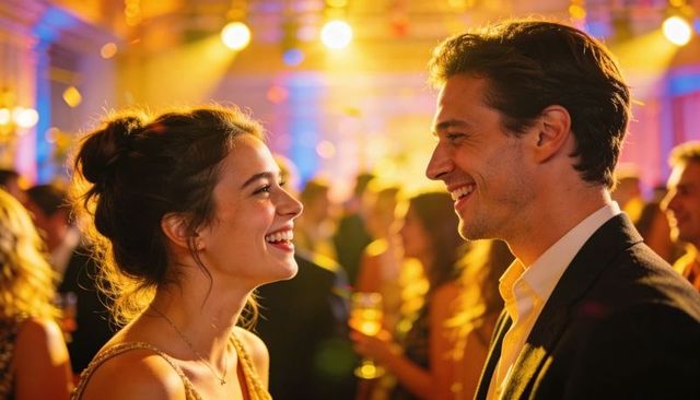 Smiling couple sharing intimate conversation at glamorous gala with warm golden lighting