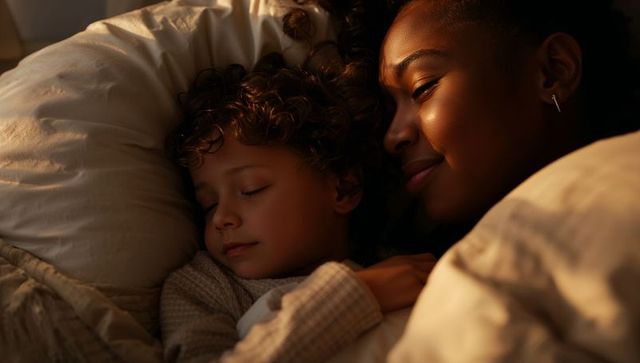 Mother watching sleeping child in warm bedtime embrace, tender nighttime bonding