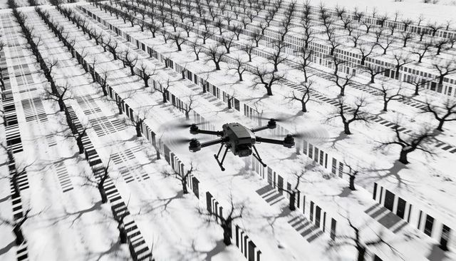 Hexacopter drone hovering over snow orchard rows casting bold monochrome shadows