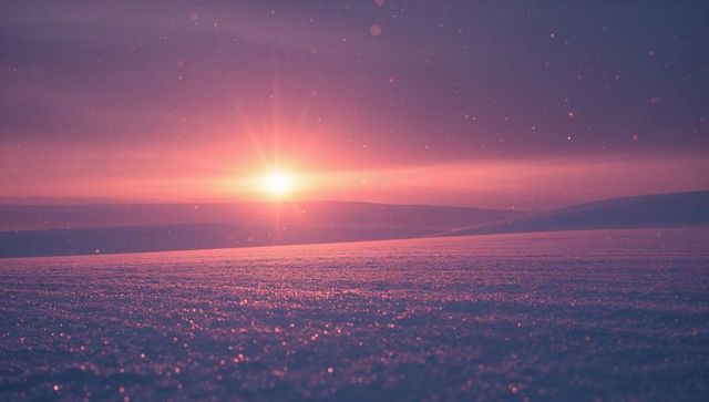 Sunrise starburst over snow plain with glittering ice crystals and pastel twilight glow