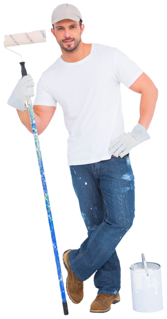 Transparent Background Handsome Painter with Roller and Paint Can - Download Free Stock Videos Pikwizard.com