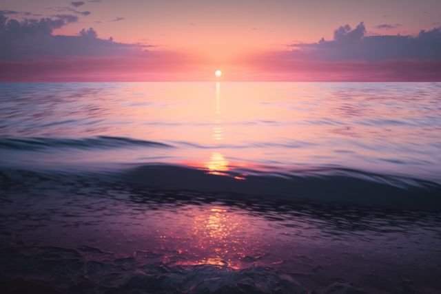 Peaceful sunset over the ocean with gently lapping waves and a vibrant, colorful sky makes a perfect background for travel blogs, relaxation themes, mindfulness content, or advertisements promoting coastal destinations. Ideal for use in wellness, nature-related contexts.