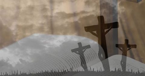 Three crosses silhouette over open bible with sunlit clouds and sepia religious mood