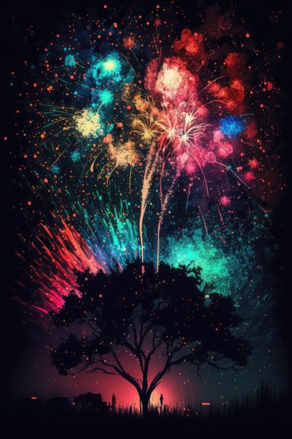 Multi coloured fireworks exploding over tree, created using generative ai technology. New year's eve and celebration concept digitally generated image.